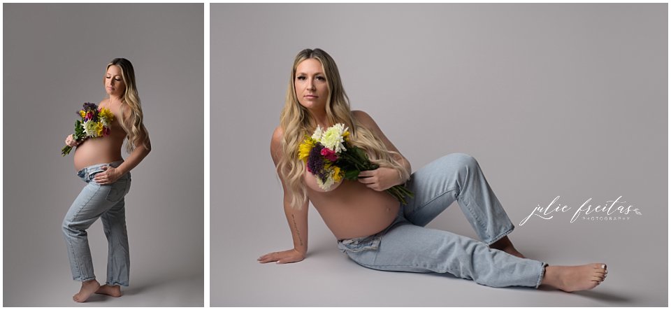 maternity photoshoot with jeans and florals