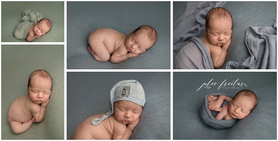 sleeping newborn posed on a green and blue backdrop