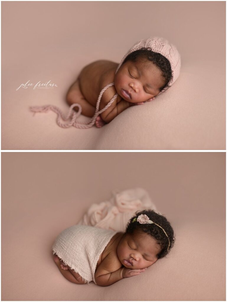 sleeping african american newborn baby on pink blanket