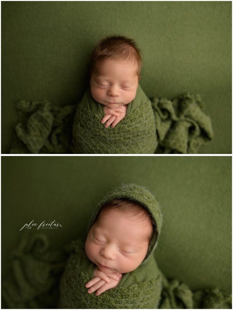 newborn baby boy posed on green backdrop
